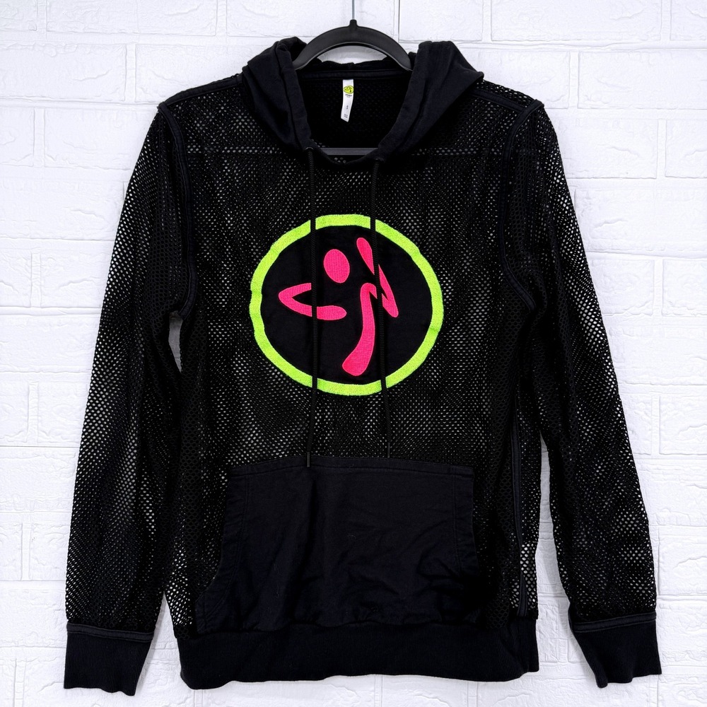 Zumba Mesh Hoodie Womens Small Black Neon Pink Yellow Logo Activewear